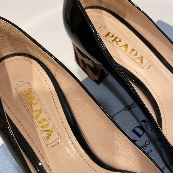 Prada Black Patent Leather & Leopard Calfskin Block Heel - Picture 6 of 13